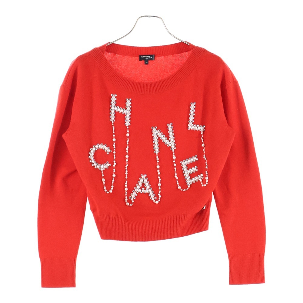 CHANEL シャネル ココマーク パール ビジュー ロゴ刺繍 カシミヤ プルオーバー 長袖 ニット セーター レッド レディース P70834K10086拍卖