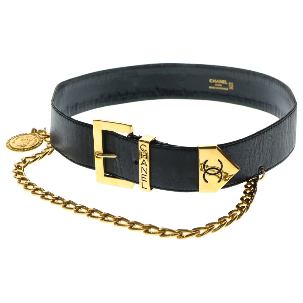 CHANEL シャネル CAMBON カンボンプレート ココマーク チェーン レザー ベルト ブラック/ゴールド拍卖
