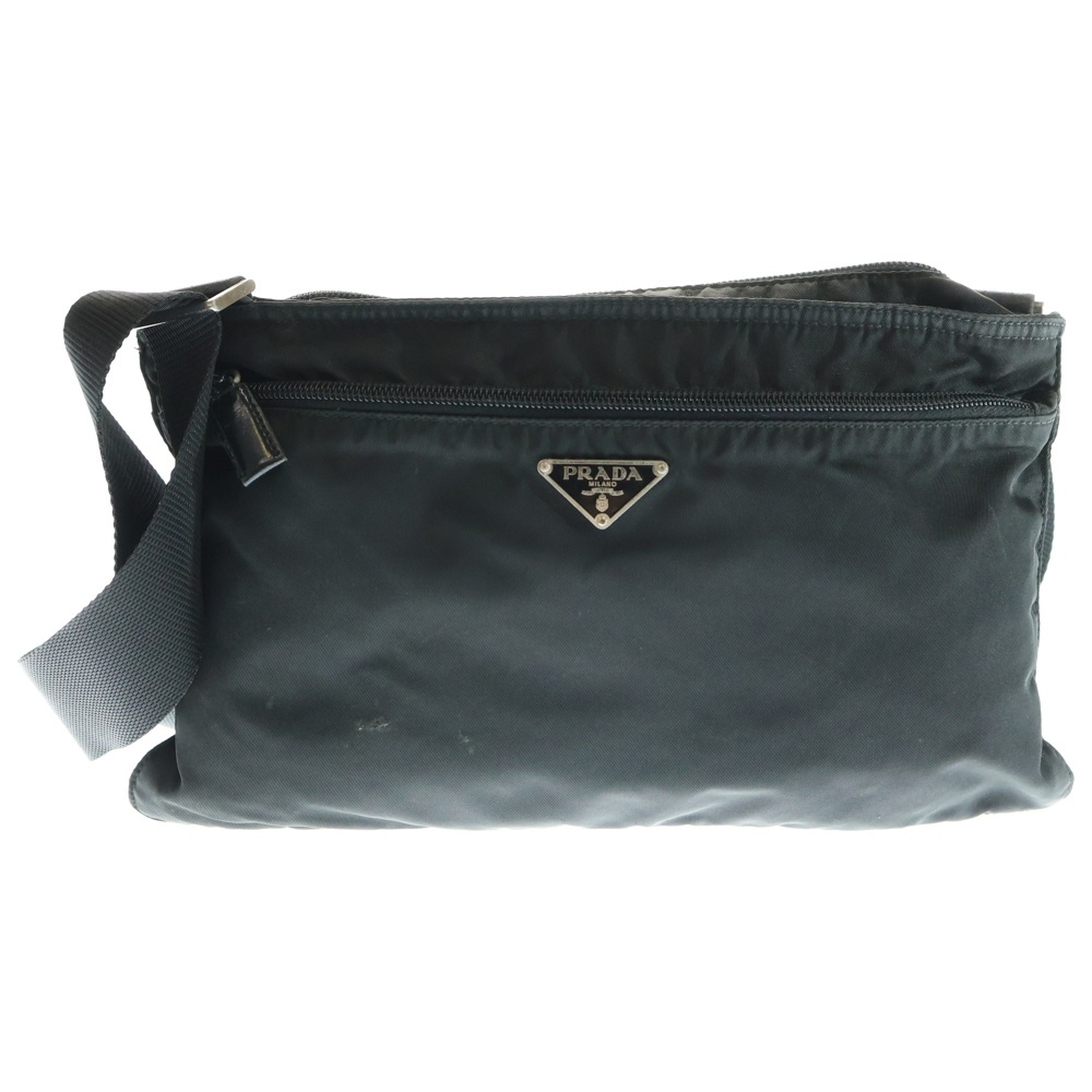 PRADA プラダ トライアングルロゴプレート ナイロン レザー ショルダーバッグ シルバー金具 ブラック拍卖