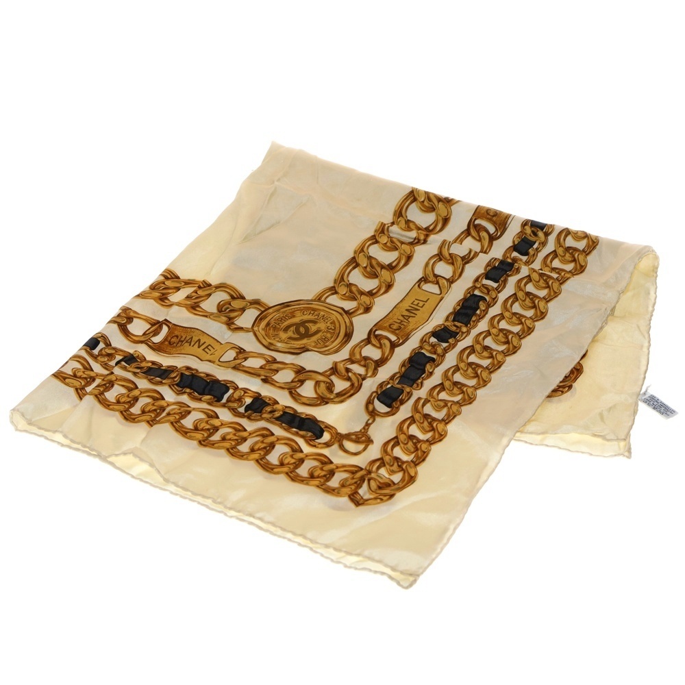 CHANEL シャネル ココマーク チェーンデザイン 大判シルクスカーフ ベージュ拍卖