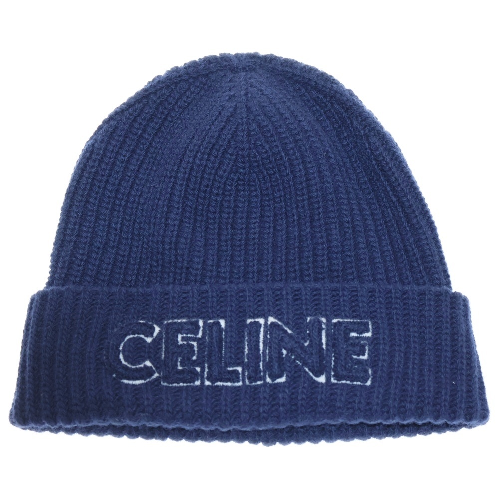 CELINE セリーヌ Wool Beanie ロゴ刺繍 ウールニットビーニー 帽子 ネイビー 2AUY8969P.38NO拍卖