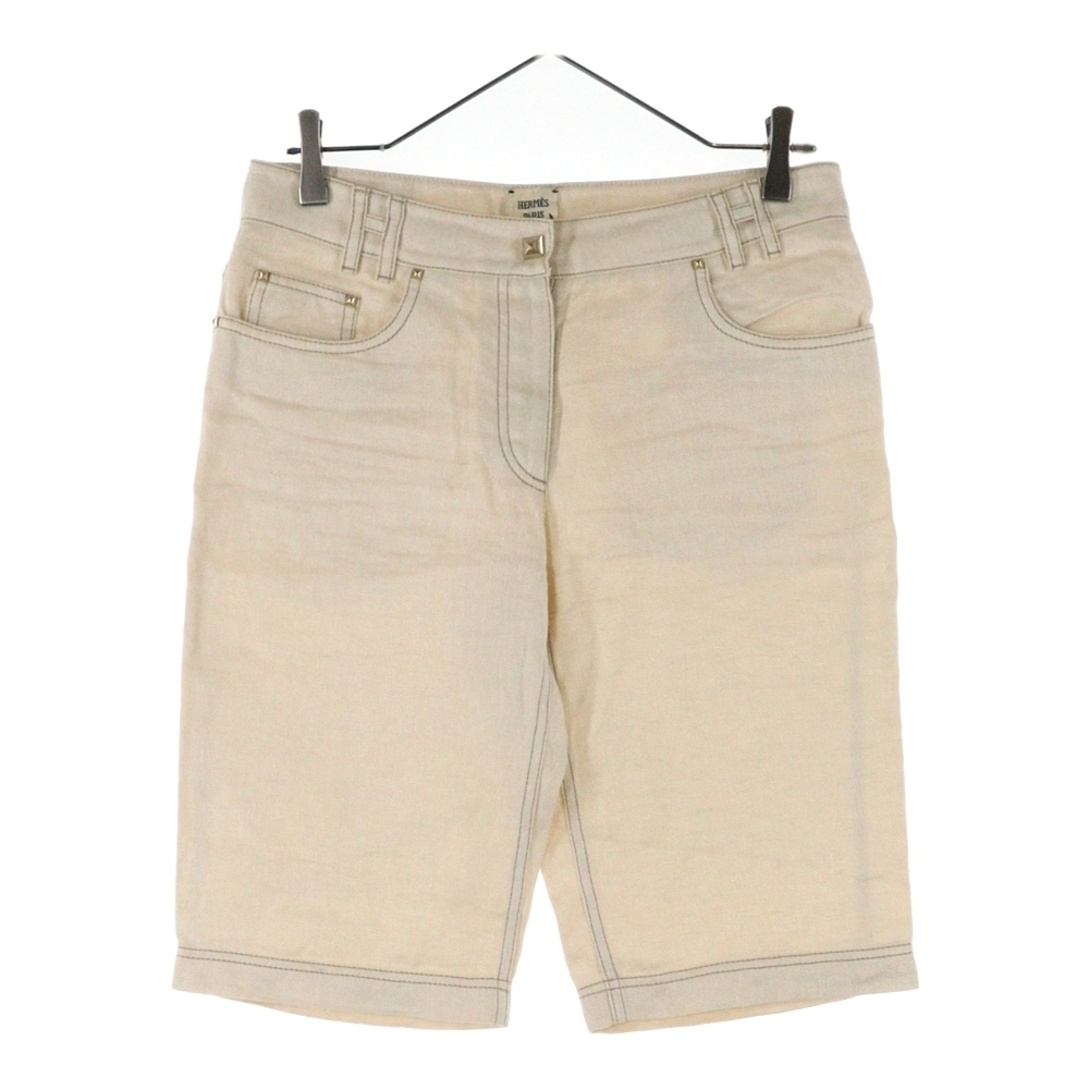 HERMES エルメス メドールボタン Hベルトループ デニム ハーフパンツ クリーム拍卖