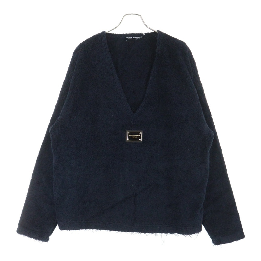 DOLCE & GABBANA ドルチェアンドガッバーナ Terry Sweatshirt フロントロゴプレート Vネック ニットセーター ブラック G9AEUT拍卖