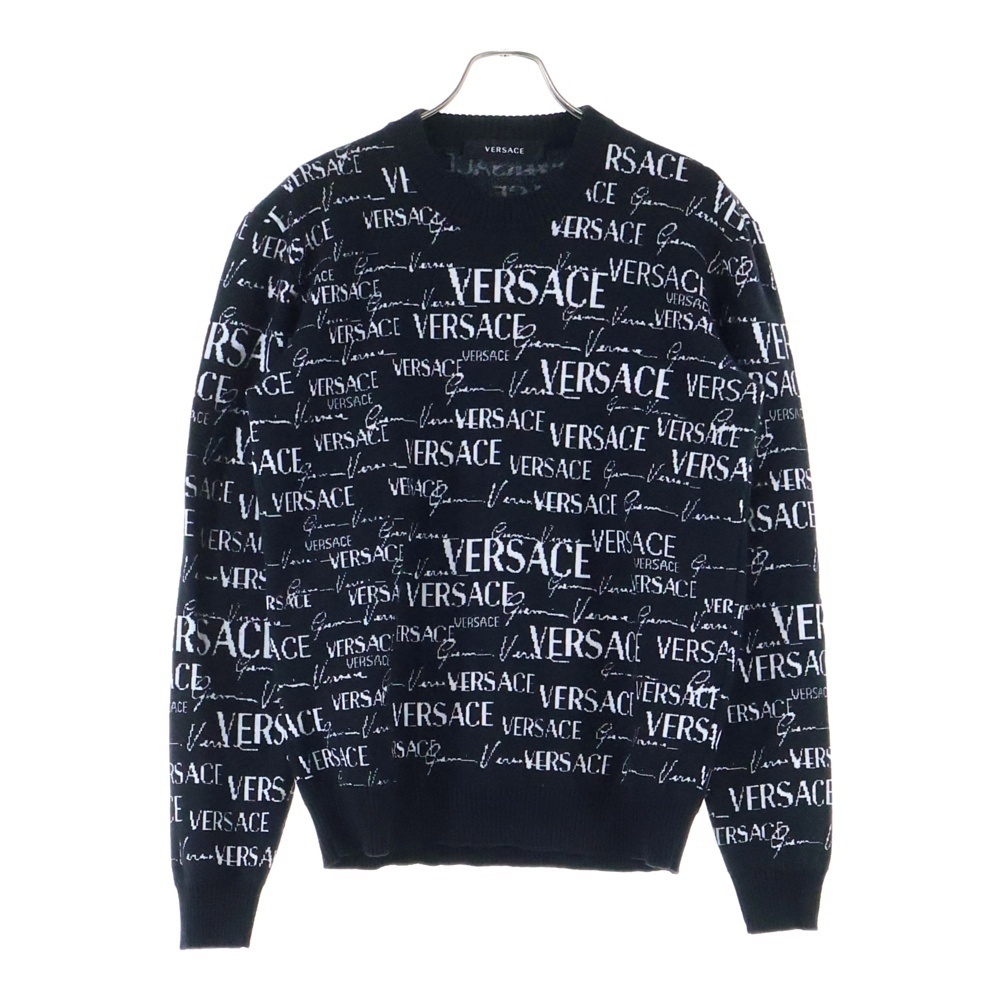 VERSACE ヴェルサーチ レタリング総柄クルーネックニットセーター ブラック拍卖