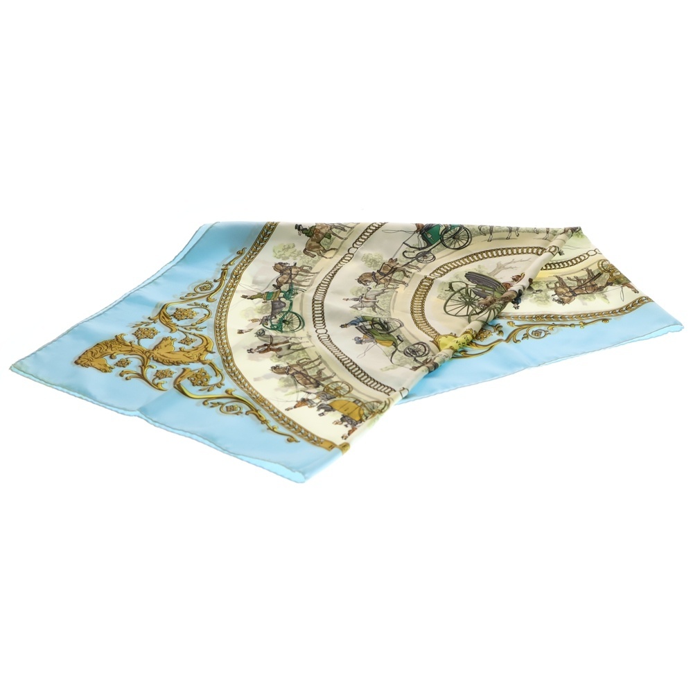 HERMES エルメス カレ90 馬着と馬装 LA PROMENDE DE LOMGCHAMPS ライトブルー シルク スカーフ拍卖