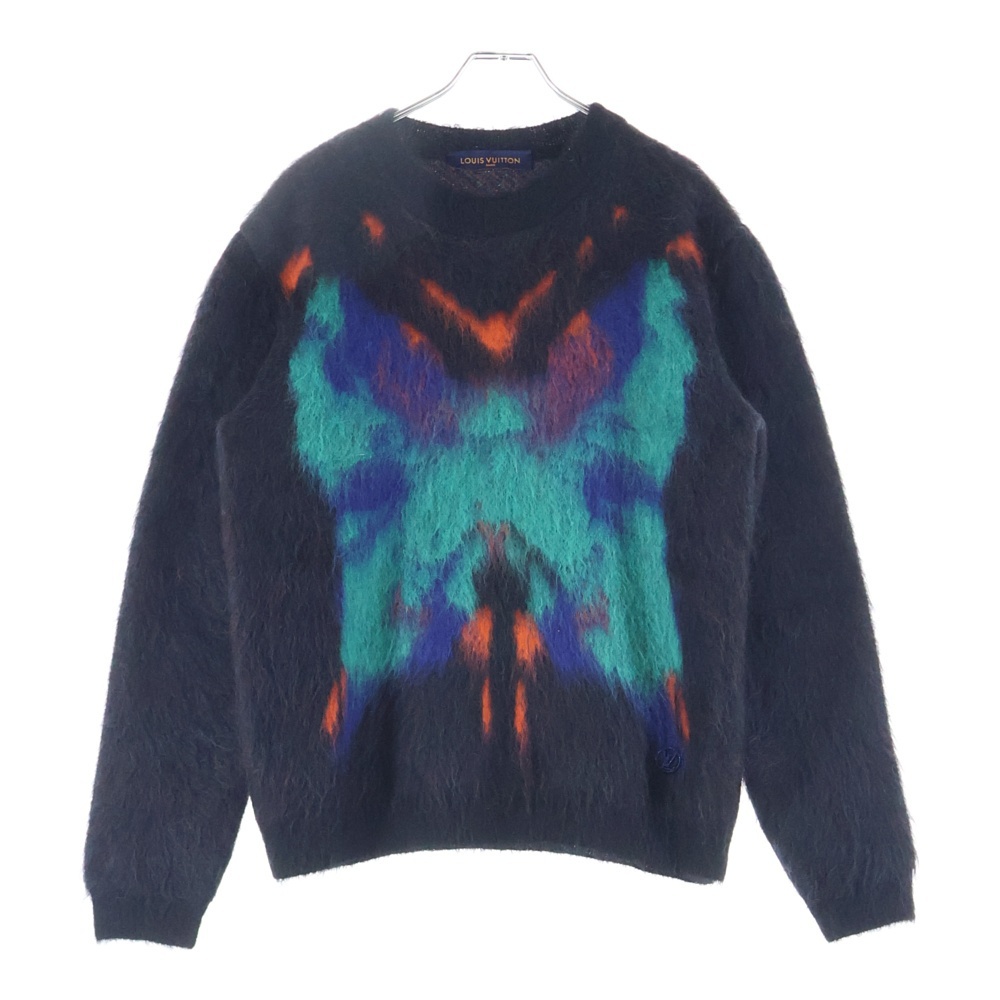 ルイヴィトン 23SS バタフライ ジャガード モヘア クルーネック プルオーバー 長袖ニット セーター ブラック/グリーン RM231M NE5 HON11W拍卖