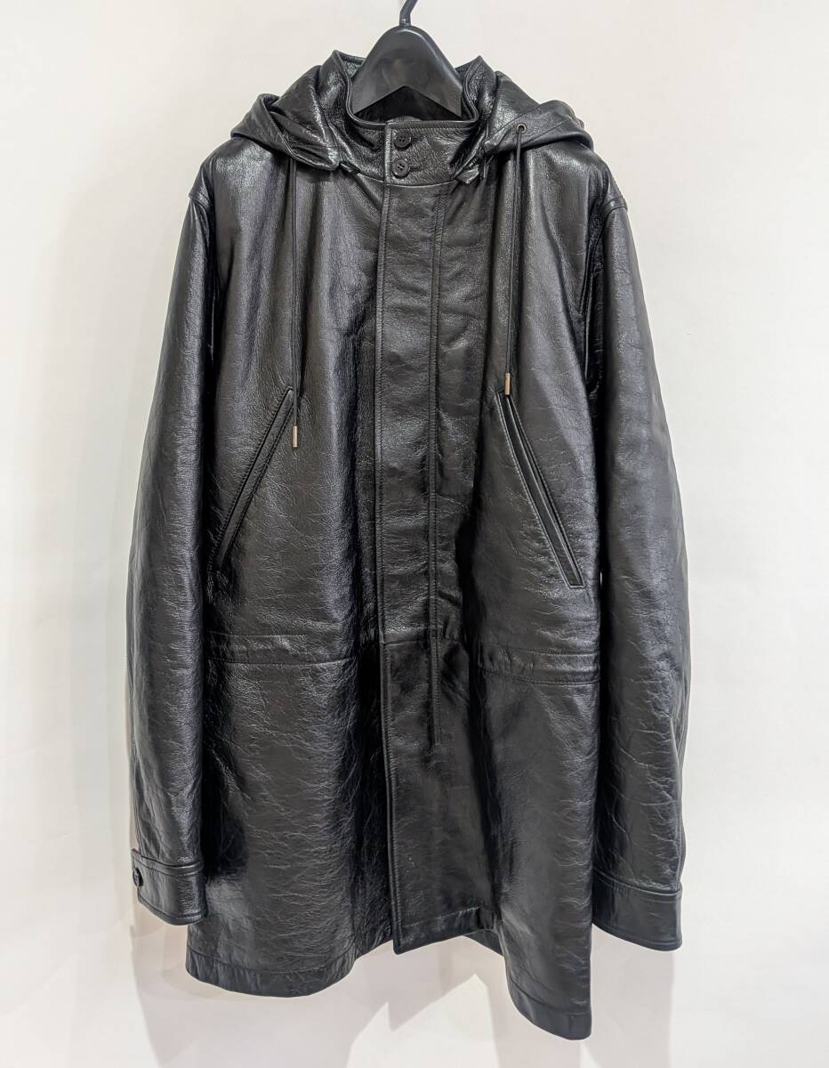 国内正規品 SAINT LAURENT PARIS サンローランパリ ムートンライナー付 フーデッド レザー コート ブラック 48 Y-336909拍卖
