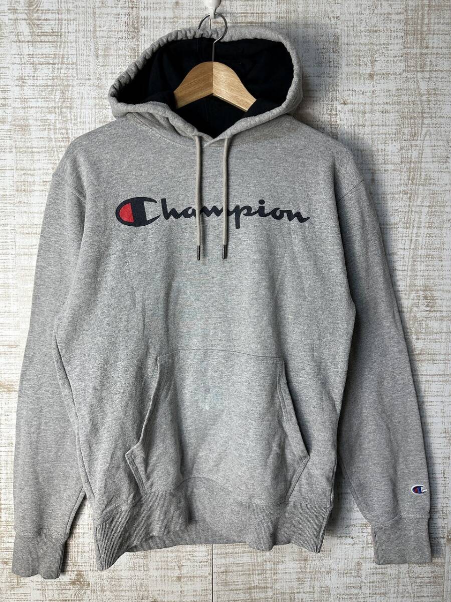 ☆US古着 Champion チャンピオン スウェット フード パーカ プリント ロゴ刺繍 グレー【S】裏起毛 汚れあり ◆5363◆拍卖