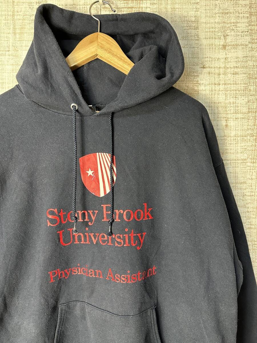 ☆ビッグサイズ US古着 Champion チャンピオン スウェット フード パーカ プリント ロゴ刺繍 ネイビー紺【XL】裏起毛 ◆5382◆拍卖