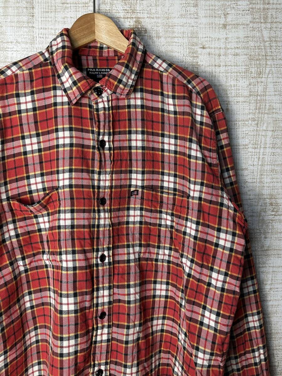 ☆US古着 POLO JEANS Ralph Lauren ラルフローレン ネルシャツ 長袖シャツ チェック ポケット レッド赤×白×黒【L】コットン ◆5385◆拍卖