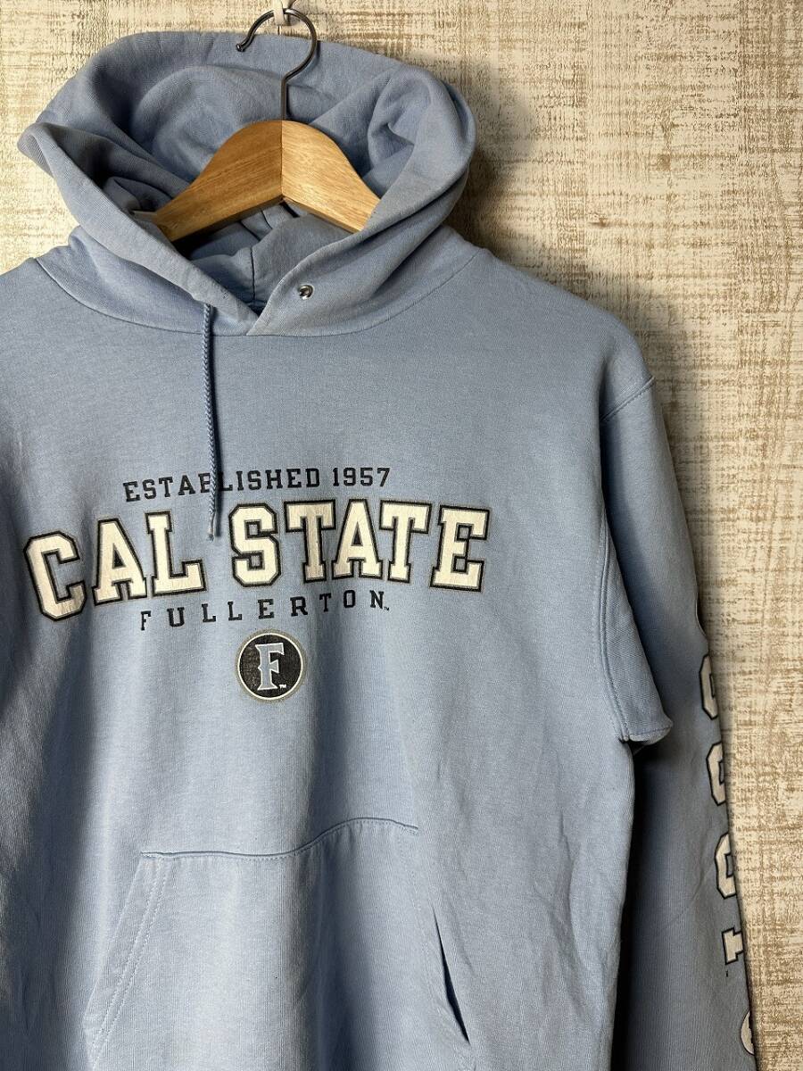 ☆US古着 Champion チャンピオン スウェット フード パーカ カレッジプリント ロゴ刺繍 ブルー水色青【S】 ◆5402◆拍卖