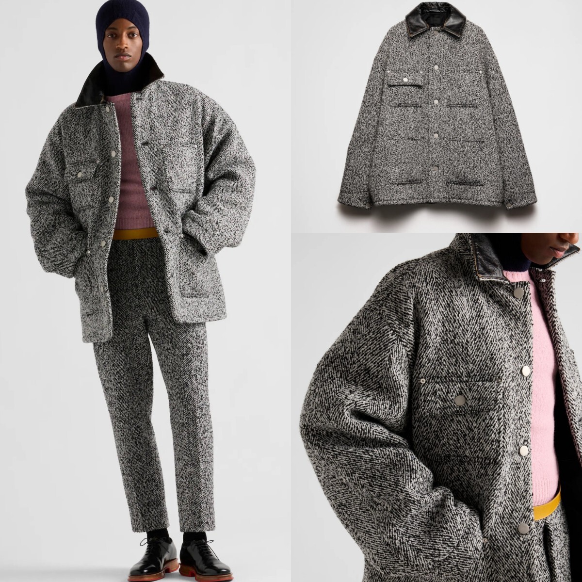 定価104万円 2024AW プラダ ウールブレンドジャケット XXS コート バッグ グレー PRADA 44 46 48 コート バッグ Re Nylon ロゴプレート拍卖