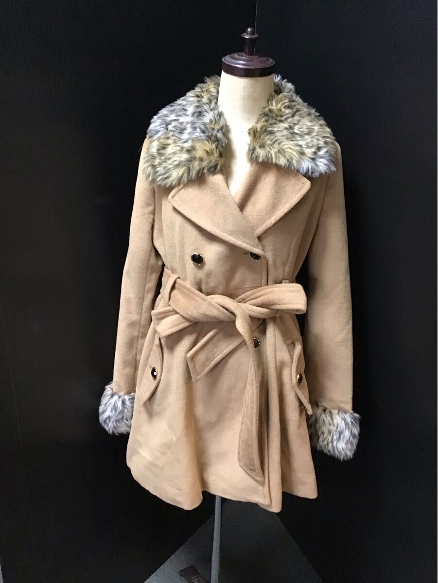 Gureve ファー付コート ミドル丈 ダブルブレスト Lサイズ ブラウン ヒョウ柄 トレンチ ギャル アウター レディース拍卖