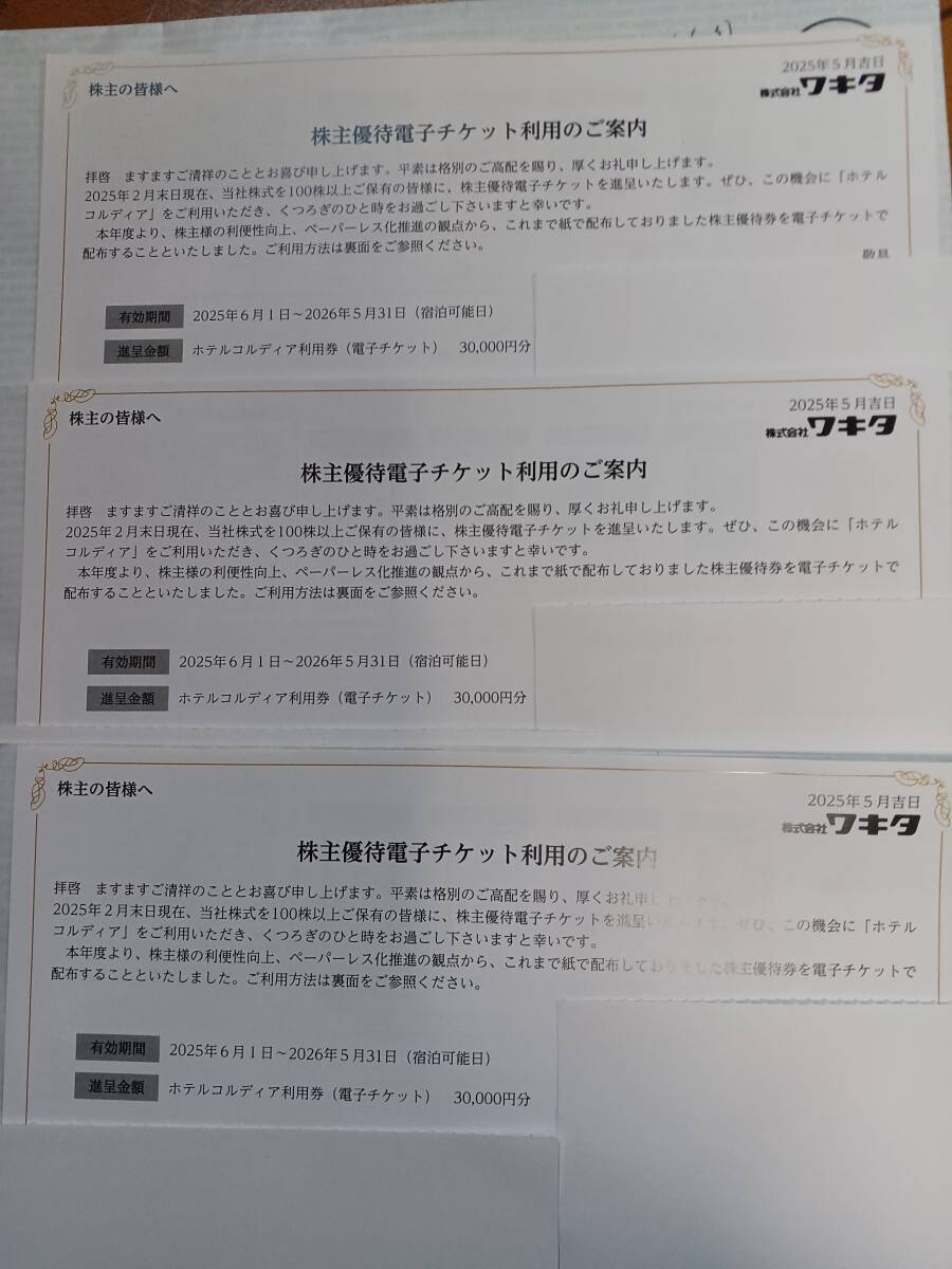 ワキタ 株主優待 ホテルコルディア利用券30,000円分 3枚組 有効期限 2026年5月31日 送料込拍卖
