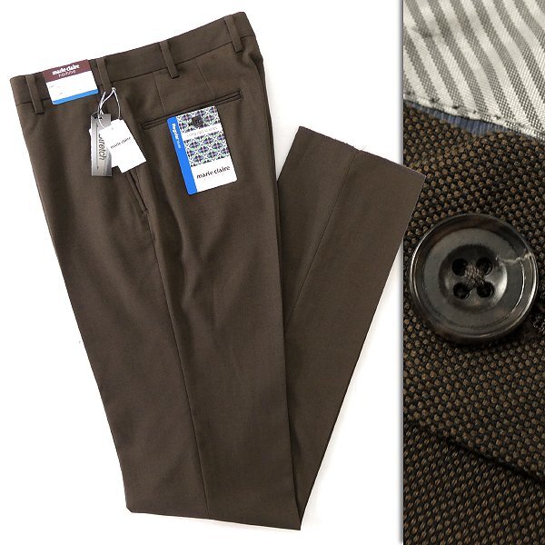 新品 マリクレールオム バーズアイ ストレッチ スラックス 79(M) 茶 【P29342】 marie claire homme 秋冬 メンズ パンツ テーパード拍卖
