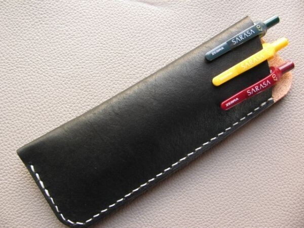 (n29) 牛ヌメ革 手染め 3本入れペンケース ブラック(黒) ハンドメイド拍卖
