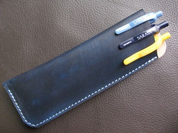(c08) 牛ヌメ革 手染め 3本入れペンケース ネイビー ハンドメイド拍卖