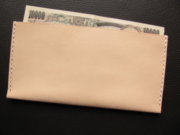 (a22)牛ヌメ革 シンプルお札専用ケース(札入れ)生成り 手縫いハンドメイド拍卖