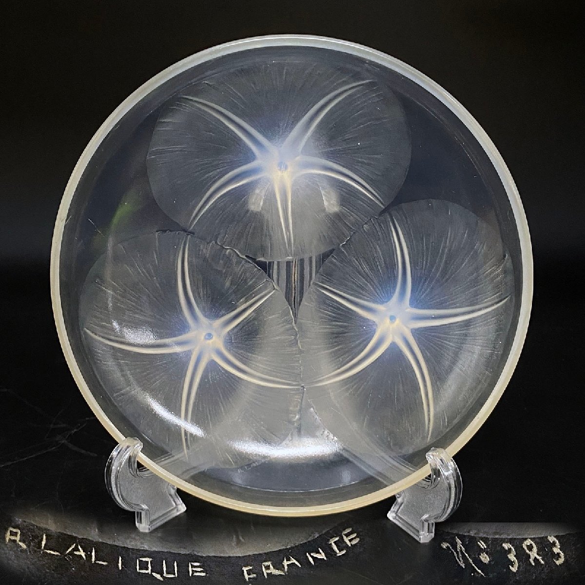 ルネ・ラリック 朝顔「Volubilis」No.383 オパルセントガラス クリスタル 21.5cm 3脚鉢 木箱付 ※同梱不可 15-4377838拍卖
