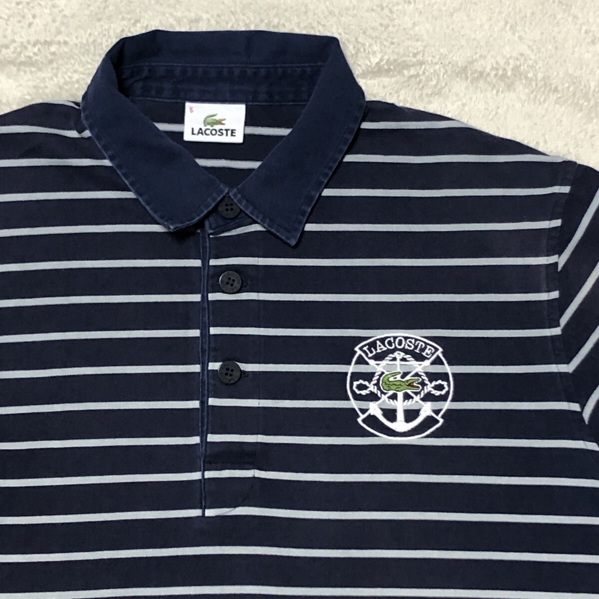 LACOSTE ラコステ 長袖ポロシャツ ワニロゴ刺繍 碇マーク刺繍 ネイビー系 ボーダー 5サイズ 人気の大きいサイズ Lサイズ拍卖