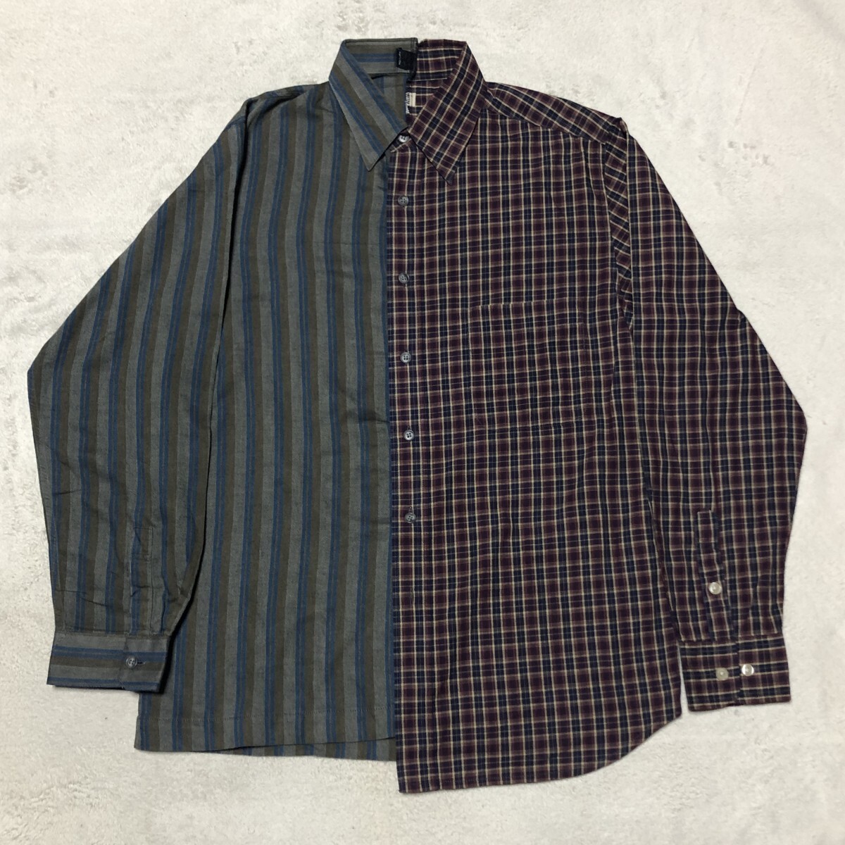 貴重な一点物 リメイクシャツ 長袖シャツ ストライプ×チェック バイカラー Mサイズ相当拍卖