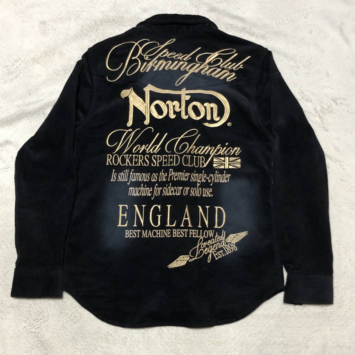 NORTON ノートン コーデュロイ シャツジャケット 長袖 ビッグロゴ刺繍 スナップボタン ブラック Mサイズ拍卖