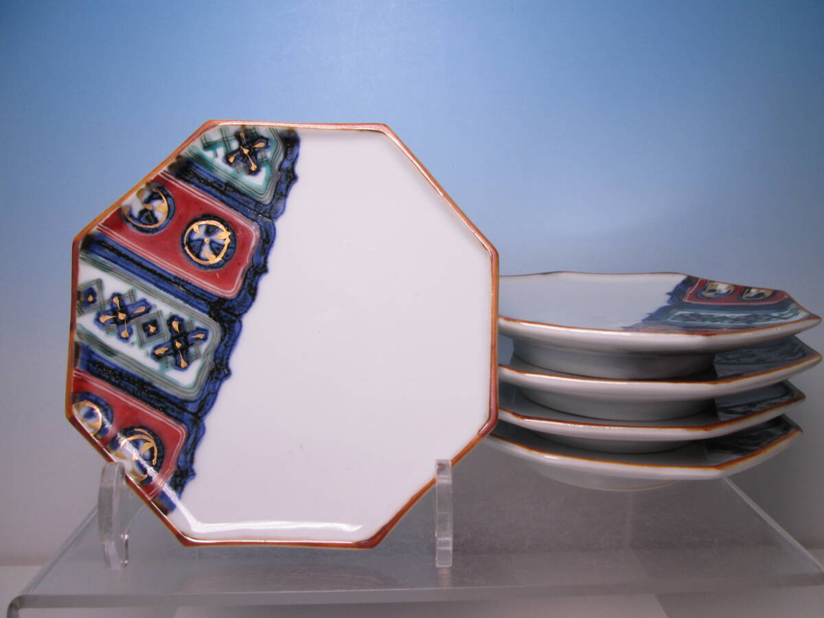 ☆在銘 金彩色絵 八角 銘々皿 五客 箱無 お料理屋さんの器/茶懐石/割烹/日本料理拍卖