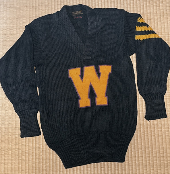 稀少 ビンテージ 1955〜62 Saxony Knitting Co.製 ワシントン大学/高校 スエットセーター 黄/紫フェルトレターパッチW 黄3本線拍卖