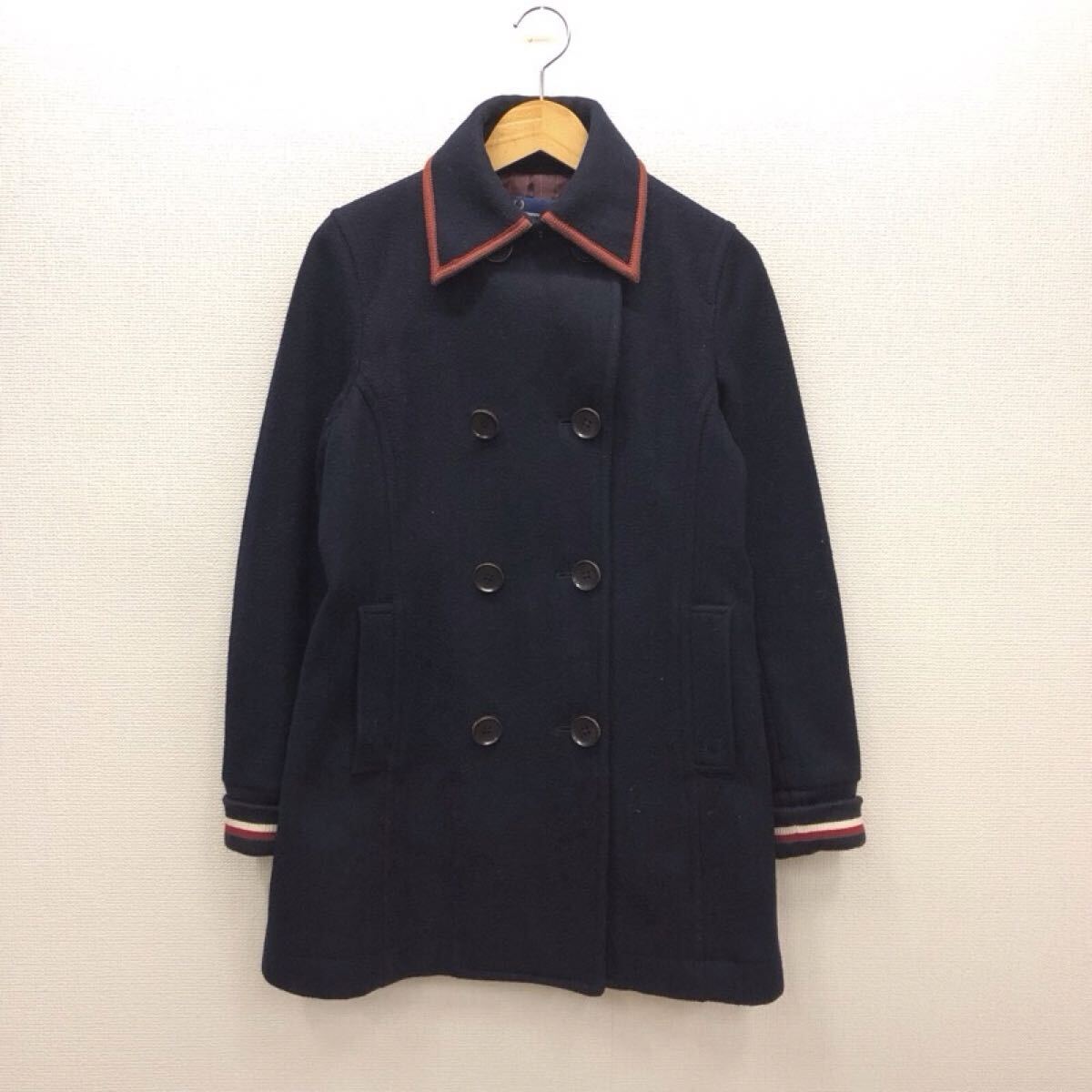 【も023】FRED PERRY Pコート Mサイズ ネイビー 膝上丈 無地 袖口リブ 襟付き ウール90% ブランド古着 フレッドペリー 送料無料拍卖