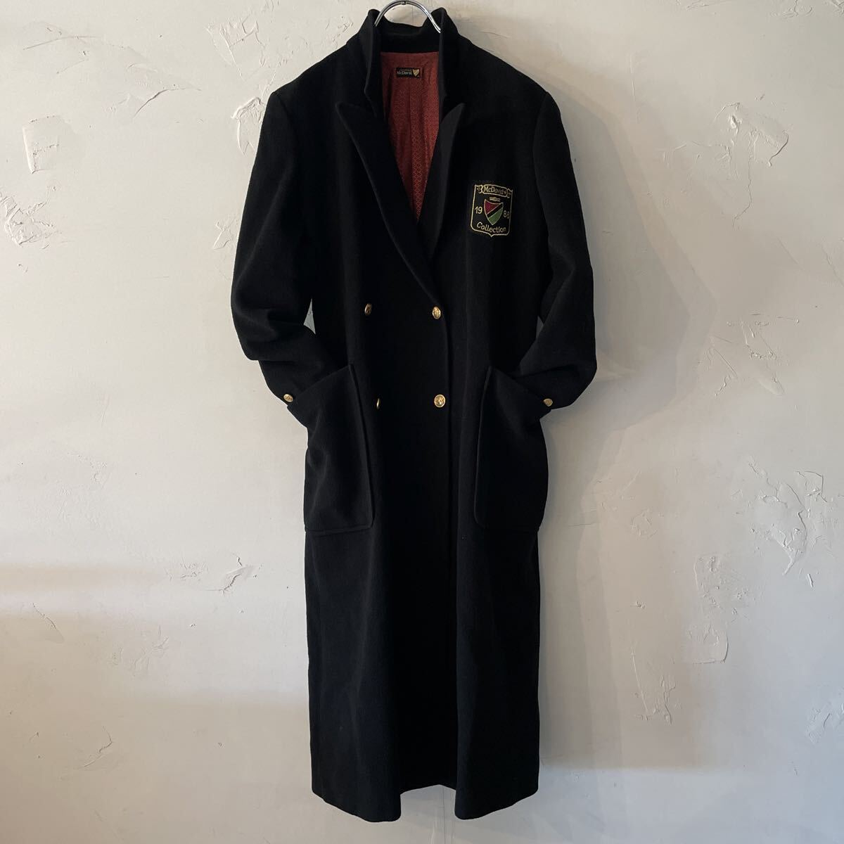 5ヴィンテージ 西ドイツ製 カシミア ウール ソフトメルトン ブラック チェスターロングコート 36 M 金ボタン レディース ユニセックス古着拍卖