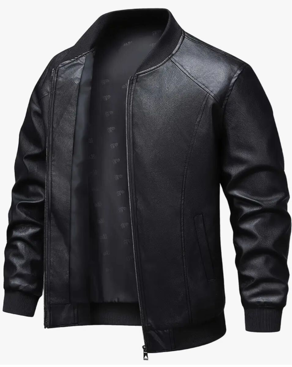 レザージャンパー スリムフィット ボンバージャケット PUレザー ブラック Sサイズ拍卖