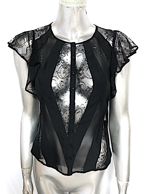 ☆二点落札で送料無料!2A18【美品】EPOCA エポカ レース×シアー 異素材ドッキング フリルスリーブ ブラウス 40 M 黒 ブラック フォーマル拍卖