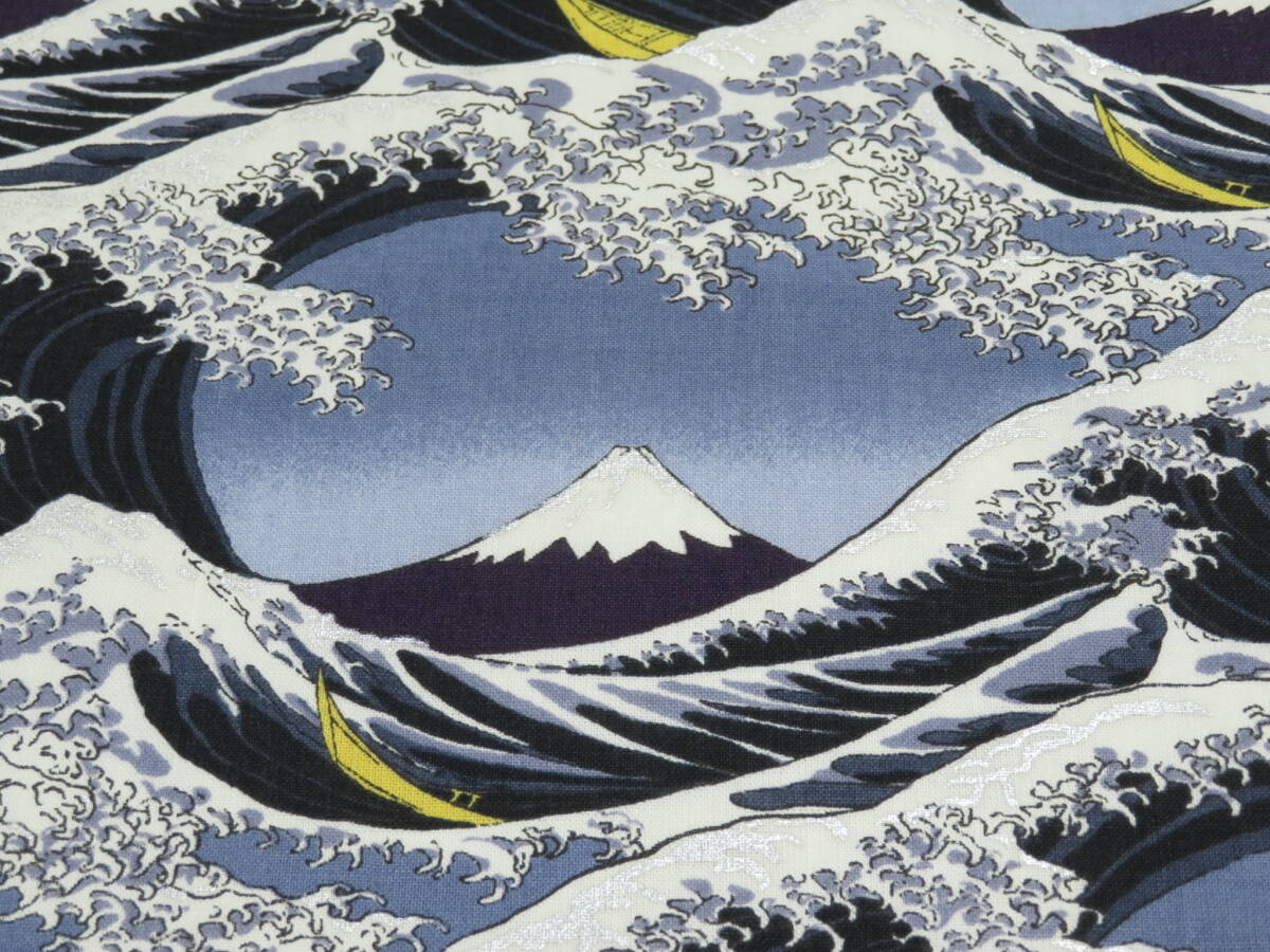1m単位切り売り N-193 富士山 黒色 黒 海 船 約110㎝幅 和調 和柄 葛飾北斎 富嶽三十六景 浮世絵 世界遺産 薄手 シーチング 布 生地 日本製拍卖