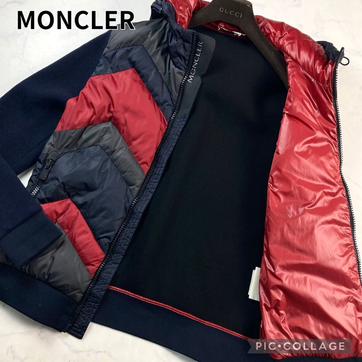 極美品 XL MONCLER モンクレール グルノーブル ダウンジャケット ブルゾン パーカー ニット 切替 トリコロールカラーライン 袖ロゴ メンズ 拍卖