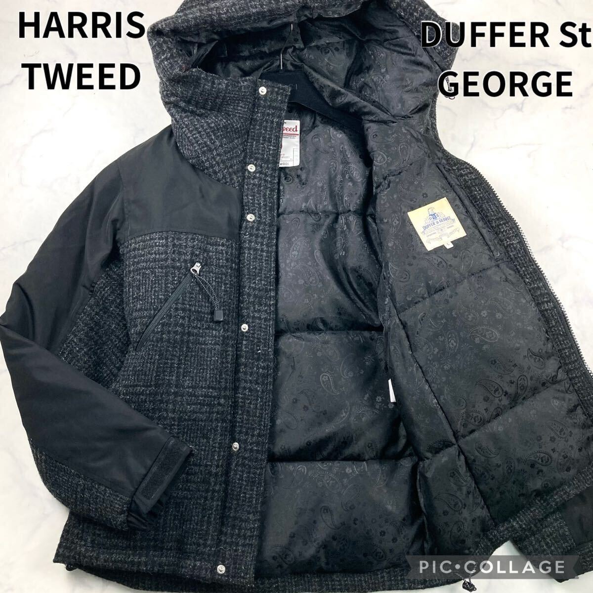 極美品 L The DUFFER of St.GEORGE HARRIS TWEED ハリスツイード ダウンジャケット ブルゾン 裏地ペイズリー 肉厚 黒 ブラック メンズ拍卖