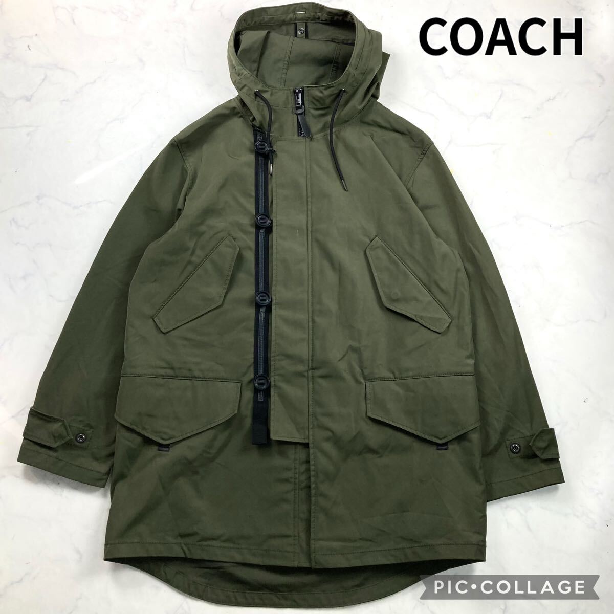 美品 L COACH コーチ N-3B ミリタリー モッズコート ロング ジャケット ブルゾン パーカー フーディ 防風● カーキ メンズ拍卖