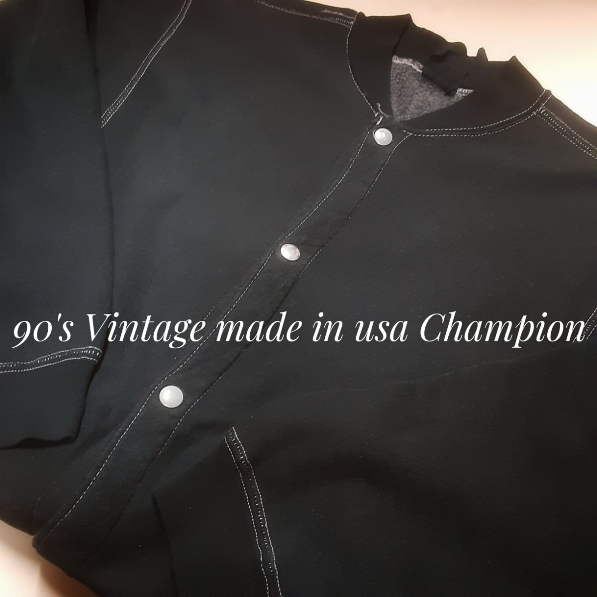 最値!希少90'sUSA製!ヴィンテージ!希少Cマーク無し!後染めブラック!チャンピオン リバースウィーブ スナップボタン カーディガン!黒 L相当拍卖