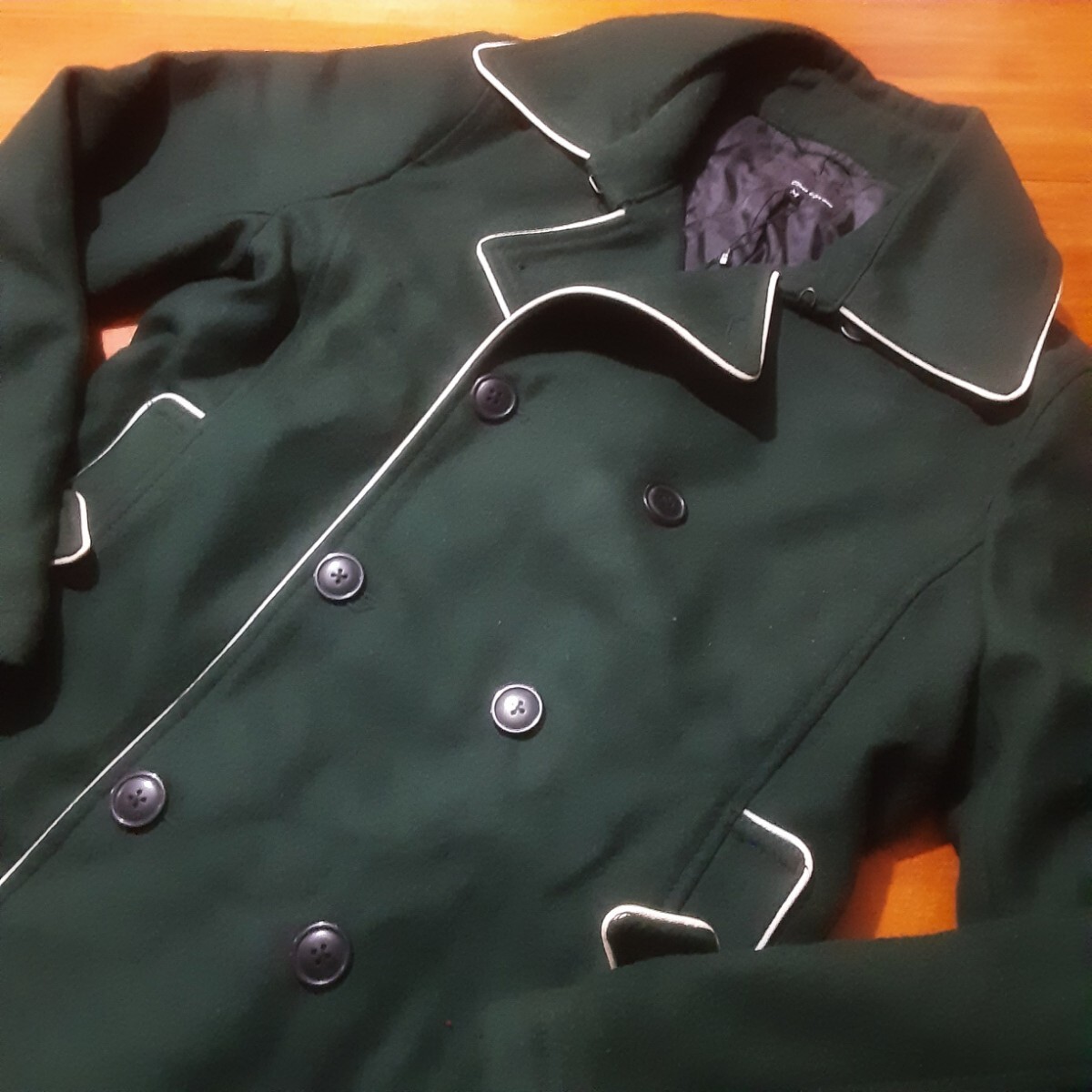 最値!新品!デッドストック!廃盤モデル!希少煎茶グリーン!クラス ナイン(Class Nine)ユーロ パイピング ウール Pコート ジャケット!緑白 M拍卖