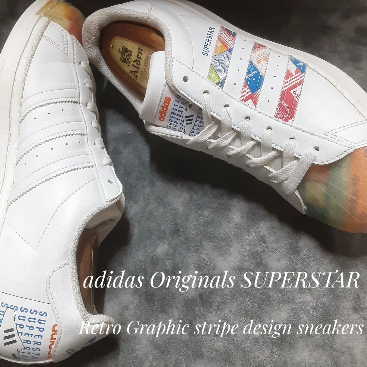 最値!希少21年製!生産終了!レトログラフィックストライプ!アディダス オリジナルス スーパースター高級スニーカー!ホワイト!白赤青 27cm拍卖