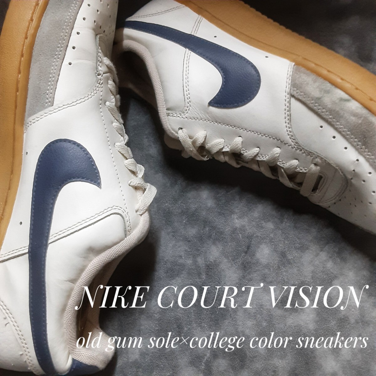 最値!完成型ヘリテージデザイン!生産終了オールドガムソール!×カレッジカラー!ナイキ コートビジョン スニーカー!ホワイト!白紺色 希少30拍卖