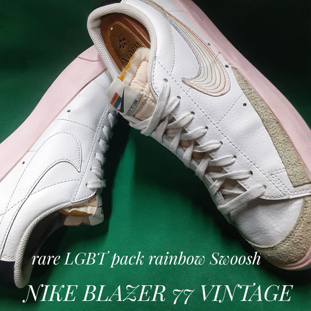 最値!定12100円!限定LGBTパック!レインボースウォッシュ!ナイキ ブレザー 77 ビートゥルー高級レザー スニーカー!ホワイト!白桃色 26.5cm拍卖
