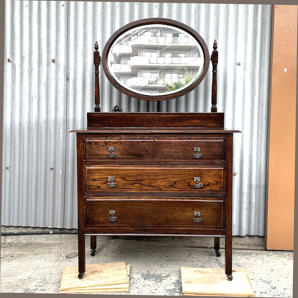 イギリスアンティーク チェストドレッサー 3段引き出し ミラー付きタンス拍卖