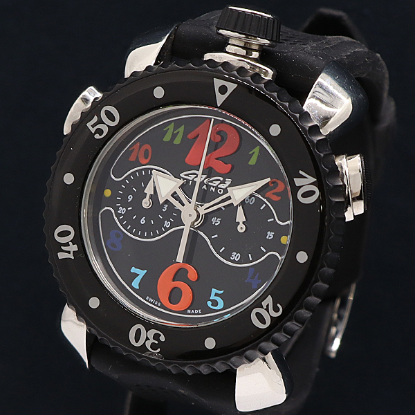 1円 保付 稼働 良品 ガガミラノ クロノ スポーツ 7010.02 2938 QZ ブラック文字盤 メンズ腕時計 7251200 10OKT KMR拍卖