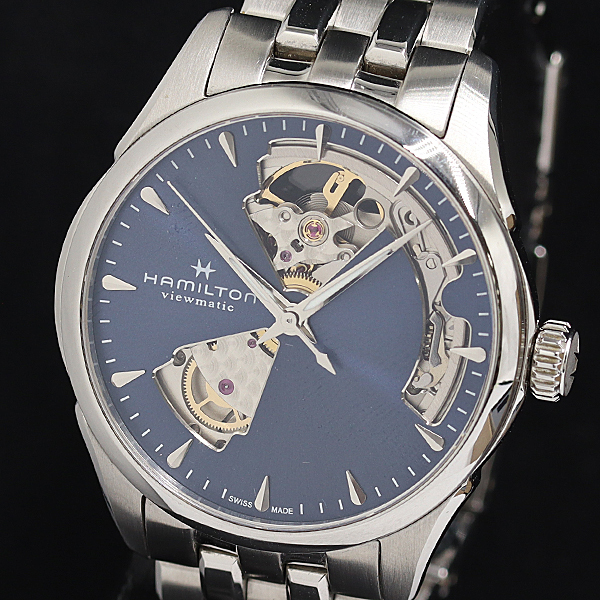 1円 保/箱付 稼働 ハミルトン ジャズマスター オープンハート H322150 AT/自動巻 ブルー文字盤 ボーイズ/メンズ腕時計 2589400 10KHT SMZ拍卖