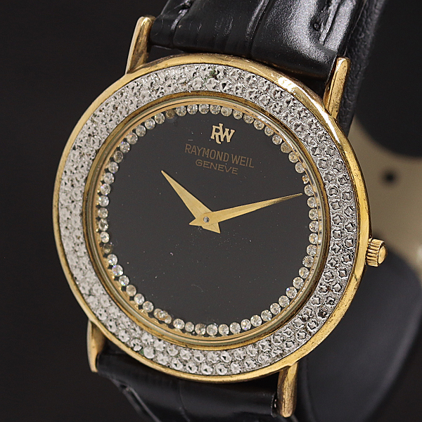 1円 稼働 レイモンドウィル ジュネーブ QZ 18K×SS 石付 ストーンベゼル ブラック文字盤 メンズ腕時計 2000000 11NBG KMT拍卖