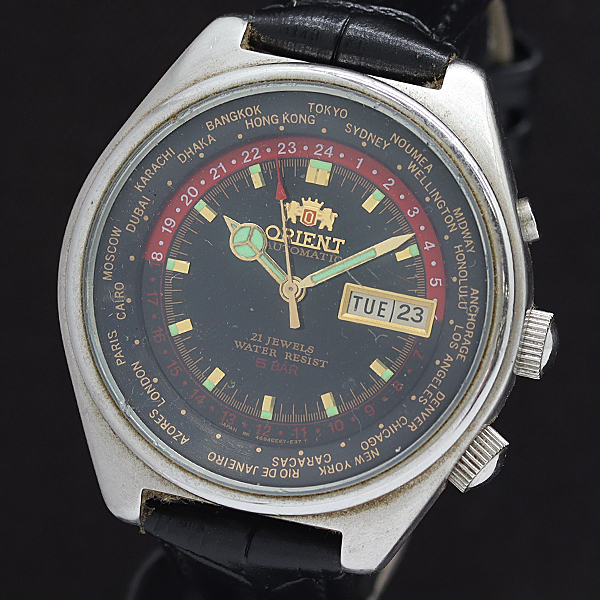1円 稼働 オリエント ワールドタイム 469EE6-71 AT/自動巻 ブラック文字盤 メンズ腕時計 2011000 11BJY MTY拍卖
