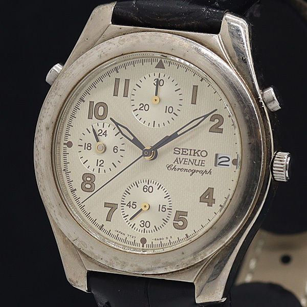 1円 稼働 良品 セイコー QZ 7T27-6A60 アベニュー クロノ デイト アイボリー文字盤 メンズ腕時計 2011000 11BJY IKE拍卖