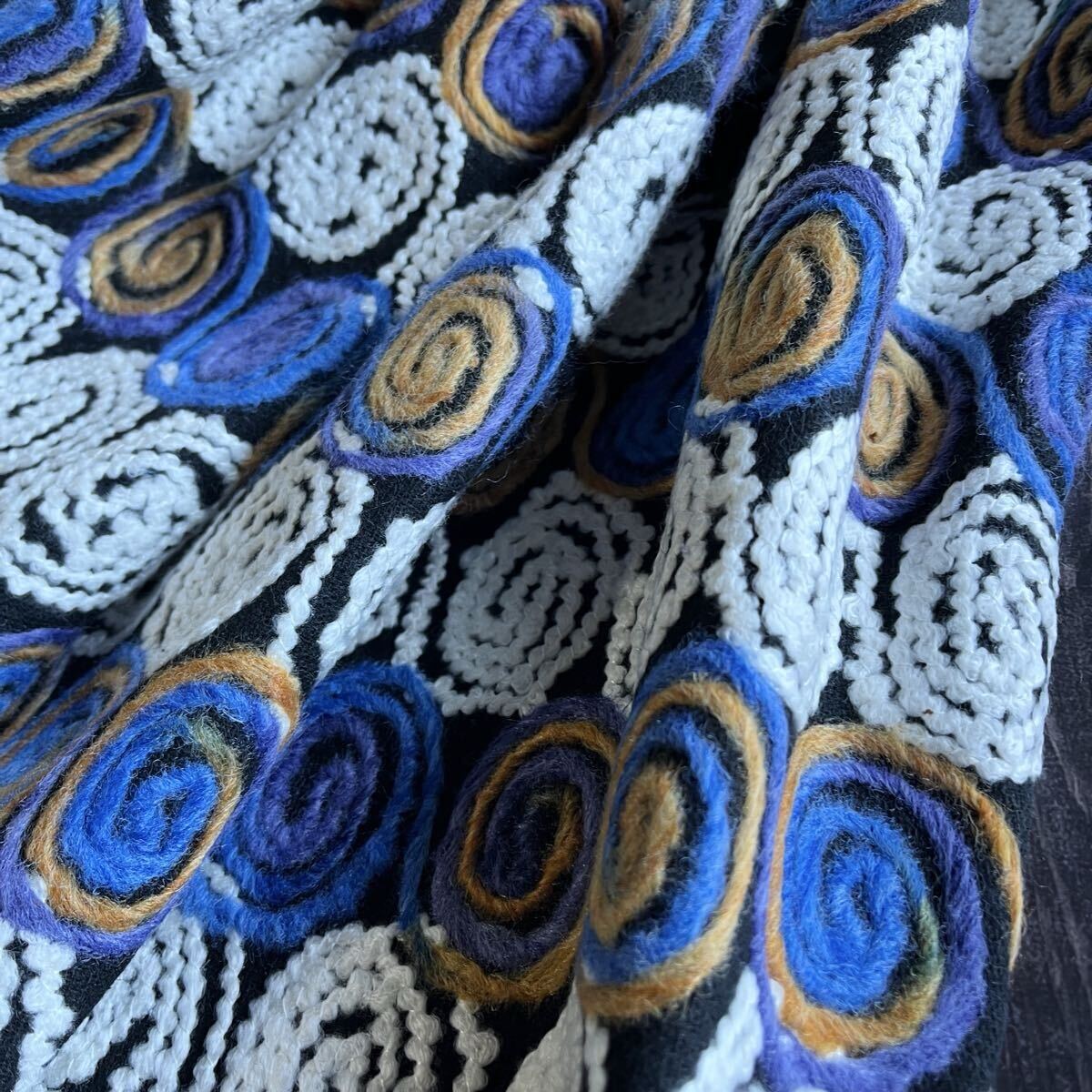 フリース カラフル毛糸刺繍生地 北欧風 青系 幅140×50cm延長可拍卖