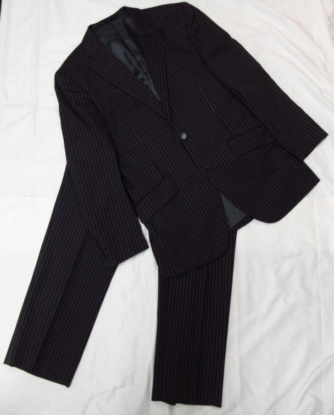 y5496 美品 NINO CARVANI社 イタリア製生地使用 スーツセットアップ ダークグレー ストライプ 日本製 総裏 ノータック拍卖