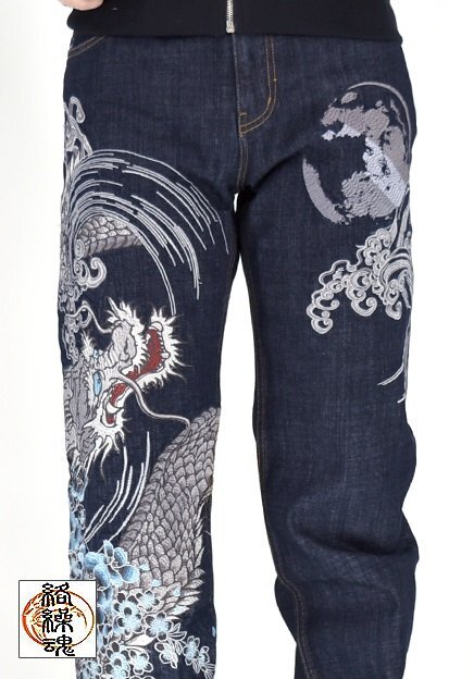 粋 龍虎デニムパンツ◆絡繰魂 ネイビー 38inch 38インチ 254247 和柄 和風 竜 トラ ジーンズ 刺繍 からくり拍卖